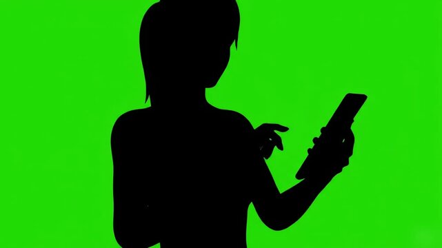 Silhouette of a Woman Using a Smartphone on Green Screen Background, Female User Swiping and Tapping Mobile Device Screen