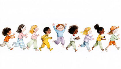 Fototapeta premium Joyful Children Running and Holding Hands Together - Happy Kids Playing Chain, Colorful Watercolor Illustration
