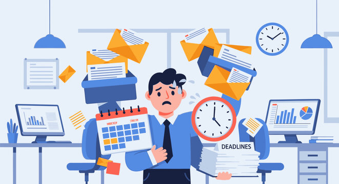 Businessman overwhelmed with deadlines and office work at his desk in a chaotic environment.