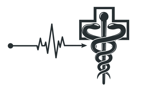 A medical symbol combines with an electrocardiogram reading to represent health technology.