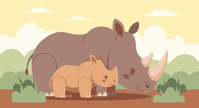 A mother rhinoceros and her baby are standing together on a dirt field surrounded by green bushes and a sunny sky.