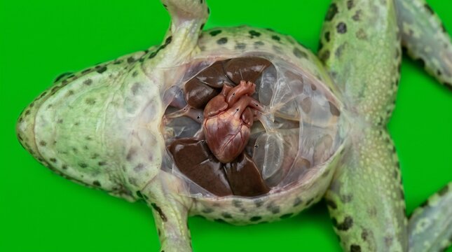 Frog Anatomy Dissection Showing Beating Heart and Internal Organs on Green Background