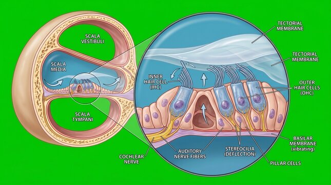 Detailed cross-section illustration of human inner ear cochlea anatomy with labeled structures in vibrant colors