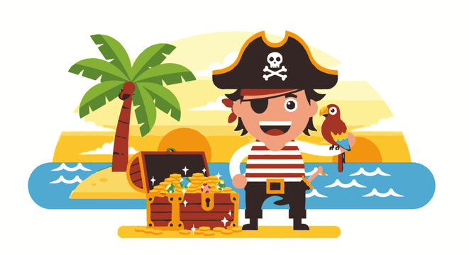 A cartoon pirate stands on a beach with treasure and a parrot on a tropical island.