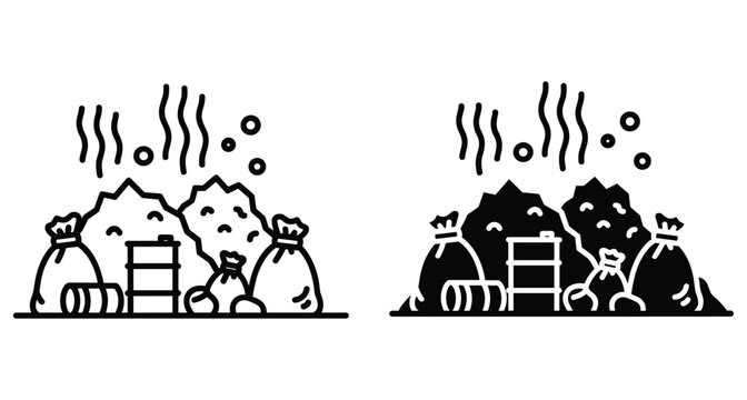 Garbage pile landfill icon set with trash bags barrels and smelly odor fumes representing environmental pollution waste management and disposal