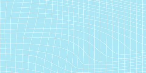 Abstract blue grid background with distorted white wavy net lines, geometric minimal mesh pattern backdrop, clean light cyan perspective checkerboard texture for modern tech web banner design. © Abu Bokkor Siddique