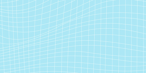 Abstract blue grid background with distorted white wavy net lines, geometric minimal mesh pattern backdrop, clean light cyan perspective checkerboard texture for modern tech web banner design. © Abu Bokkor Siddique