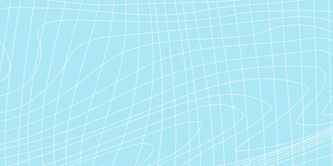 Abstract blue grid background with distorted white wavy net lines, geometric minimal mesh pattern backdrop, clean light cyan perspective checkerboard texture for modern tech web banner design. © Abu Bokkor Siddique