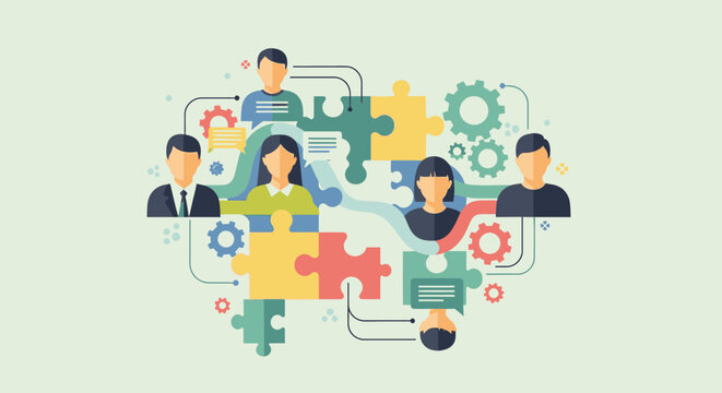 Business team working together on puzzle pieces in office setting with technology