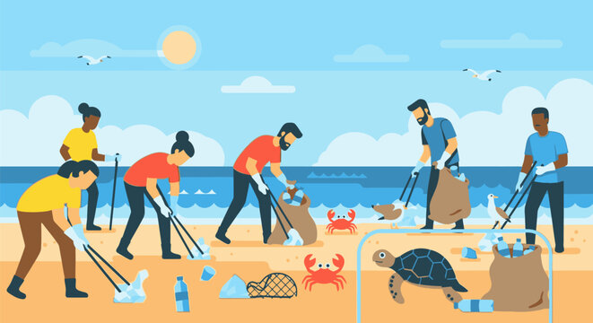 People cleaning beach with trash bags and tools on sunny day