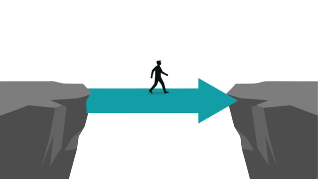 Businessman Walking on Arrow Bridge Over Cliff Gap Vector Illustration Business Success Concept