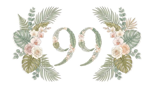 Tropical Leaves Arrangement with Number 99 for Botanical Design and Nature Decor