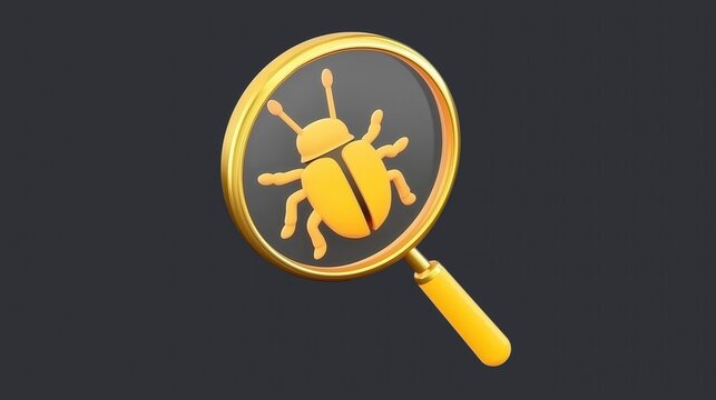 Bug bounty hunter under magnifying glass, debugging, reports software vulnerabilities