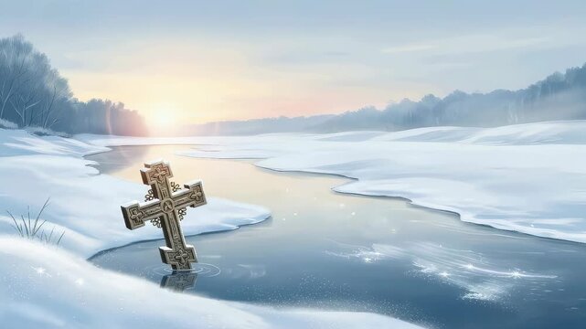 Ornate cross in icy river water during sunrise or sunset, winter landscape for Epiphany with snow covered banks and trees