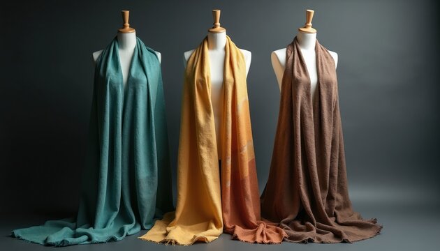 Three draped fabric scarves in teal, yellow-orange gradient, and brown shades displayed on mannequins. Soft textile materials with frayed edges create elegant fashion accents and home decor options.
