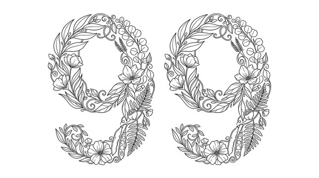 Elegant botanical line art number 99 on white background for design and decor