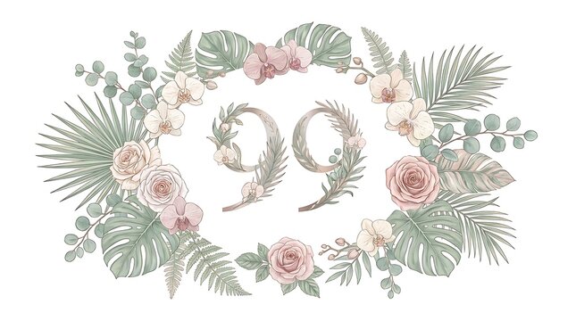 Tropical Leaves Arrangement with Number 99 for Botanical or Nature Themes