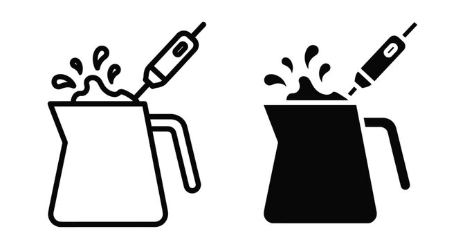 milk frothing pitcher with electric handheld whisk creating foam and splashes for coffee latte art preparation in minimalist icon set