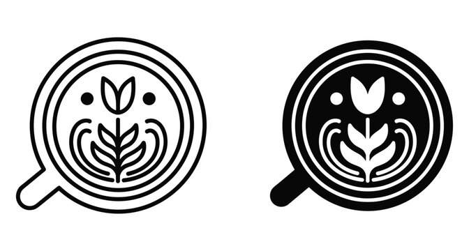 Coffee cup icon set with latte art design featuring tulip and rosetta patterns for cafe menus and barista branding graphics