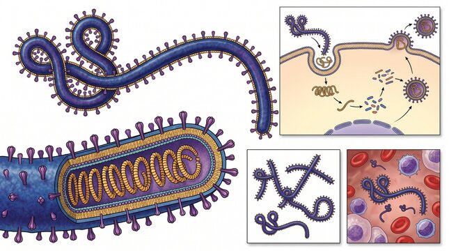 Illustration of ebola virus structure and replication cycle