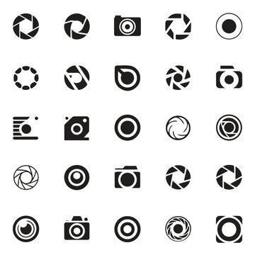 Camera lens and photography equipment icon set with photography, aperture
