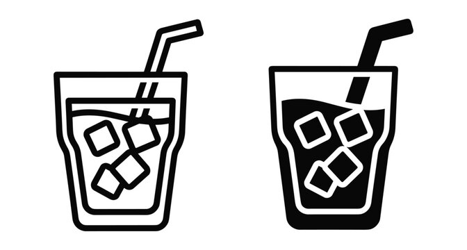 Iced beverage glass icon set featuring outline and solid versions with cooling ice cubes and drinking straw for summer refreshment