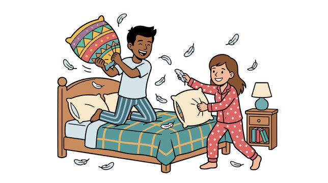 Cheerful diverse teenage boy and girl in pajamas playing and having pillow fight with flying feathers on wooden bed. Joyful slumber party entertainment concept
