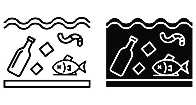 Water pollution icon set showing dead fish plastic bottle trash and waste floating in ocean river or sea environment for ecology awareness