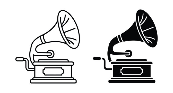 Vintage gramophone icon set featuring classic phonograph record player with horn and crank in outline and solid black silhouette styles