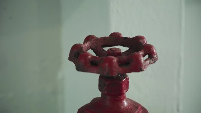 Red valve handle against pale wall Rusty cast iron wheel with chipped paint, textured surface, soft greenish background, stationary industrial fixture, maintenance context, plumber inspection vibe,
