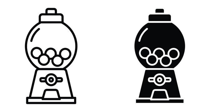 Gumball machine icon set featuring outline and solid black styles for candy dispenser vending equipment graphic design and web interface