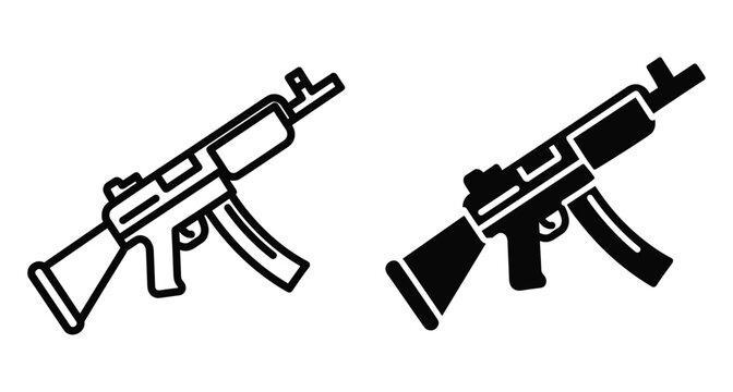 Submachine gun icon set featuring automatic rifle weapon symbols in outline and solid black styles for gaming and military design