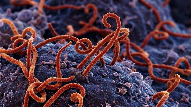 Scanning electron micrograph of ebola virus particles budding from a cell
