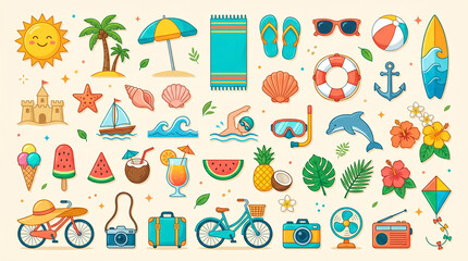 Fototapeta premium Large collection of colorful summer beach elements and tropical vacation icons vector illustration