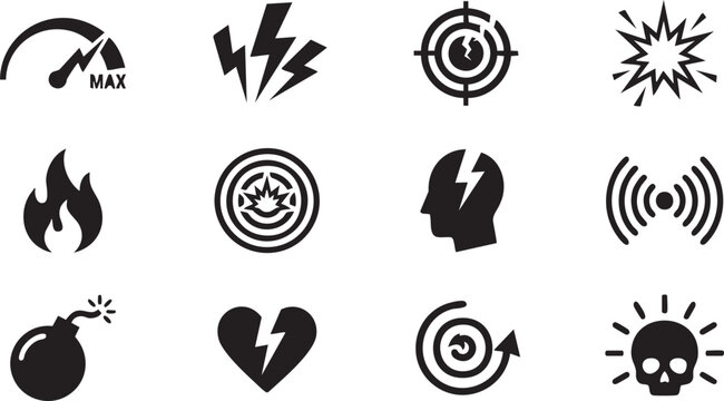 Set of flat vector icons representing various game status effects and damage