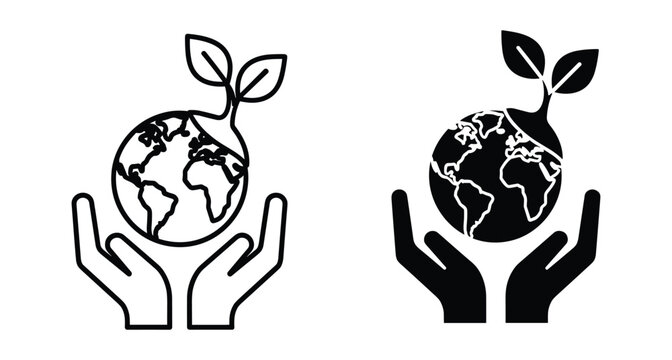 Hands holding earth globe with growing plant sprout icon set representing environmental protection sustainability global ecology conservation and green energy