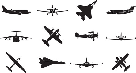 Set of various aircraft silhouettes including jets, planes, and gliders © Saidul