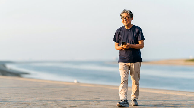 海辺の木道でスマホを持ちイヤホンで音楽を聴くシニア男性のウォーキング | 澄んだ海の光