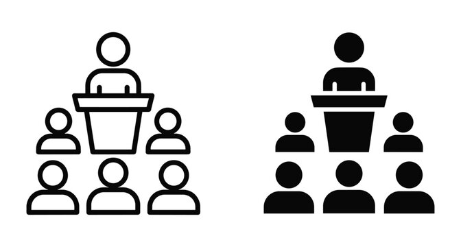 Speaker at podium presenting to audience icon set with outline and solid versions for business conference seminar or educational lecture