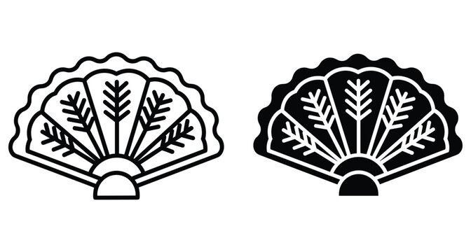 Traditional hand fan icon set featuring outline and solid black folding fans with decorative feather patterns for cooling and fashion