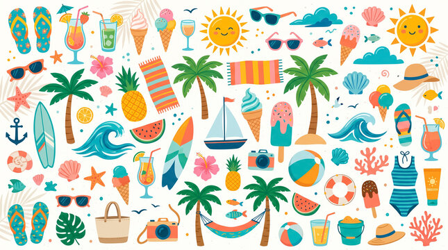 Large collection of colorful summer beach elements and tropical vacation icons vector illustration