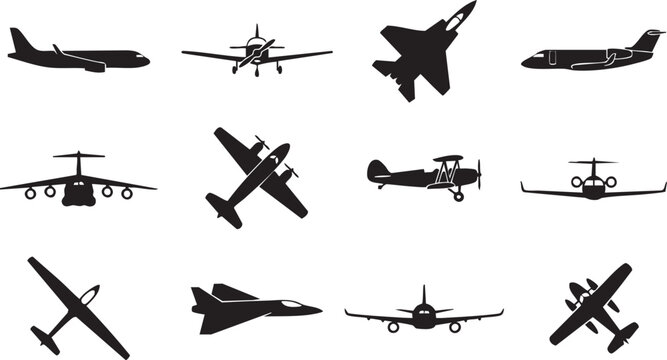 Set of various aircraft silhouettes including jets, planes, and gliders