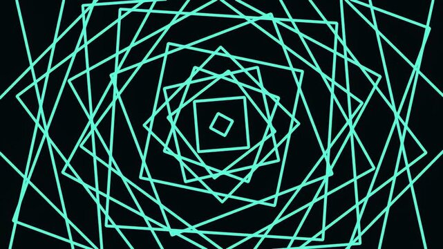 Abstract kinetic polyhedrons forming a mesmerizing geometric tunnel with glowing turquoise lines on a dark background