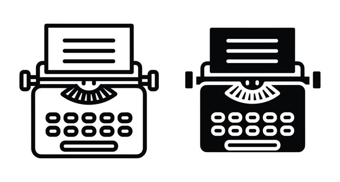 Typewriter icon set featuring outline and solid glyph styles for writing journalism blogging storytelling vintage office equipment and creative authorship