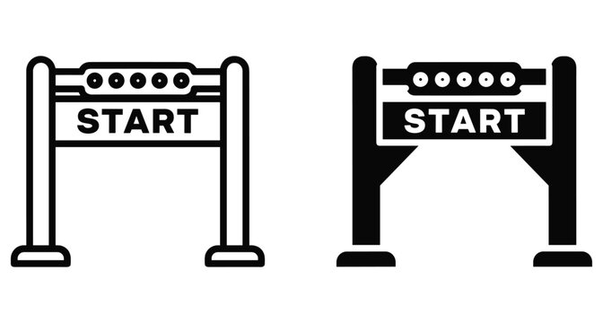 Racing start gate icon set with lights and banner for competition beginning sports event marathon track and field sprint start