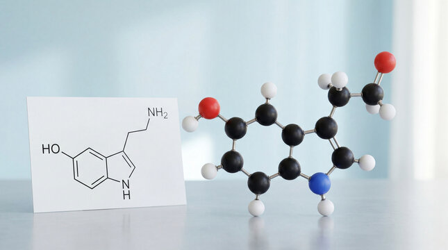 3D model and chemical structure of Serotonin, the neurotransmitter influencing mood, happiness, and well-being