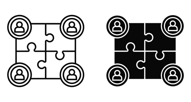 Teamwork collaboration icon set with puzzle pieces and human figures representing unity partnership cooperation business strategy and collective problem solving