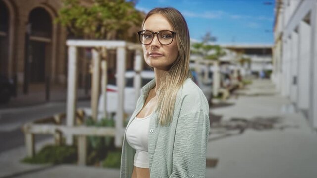 Woman looking at camera, standing in white crop top and open mint shirt, wearing glasses on a sunny city street with planters and buildings; quiet confidence.