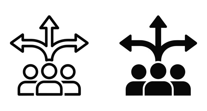 Business team decision making icon set with three people and arrows pointing in different directions for career path and strategy guidance