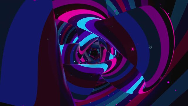 Hypnotic seamless loop of a geometric spiral tunnel. Futuristic digital vortex with glowing abstract shapes and rhythmic motion. Creative background for electronic music events and stage visuals.